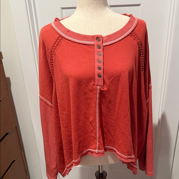 POL Tops - POL Coral Button-Front Long Sleeve Henley Top